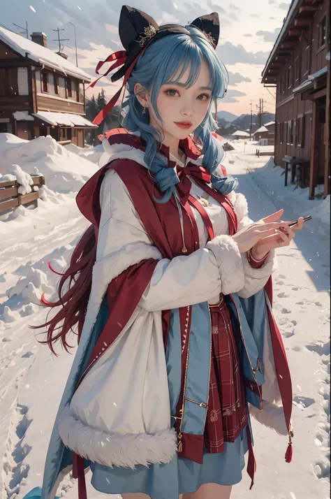 1 girl，hoody，fur cape，Blue hair，ssmile，Lolita Costume Outfit，Extra-long hair，Red bow feather hair accessory，城市，natta，snow field，Blizzarding，allure，8K，masterpiece，winning artwork，