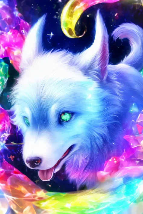 Niji Pride, solo, smile, open mouth, tail, heart, tongue, tongue out, star (symbol), collar, no humans, sparkle, fangs, looking up, dog, animal focus, sparkling eyes, fluffy