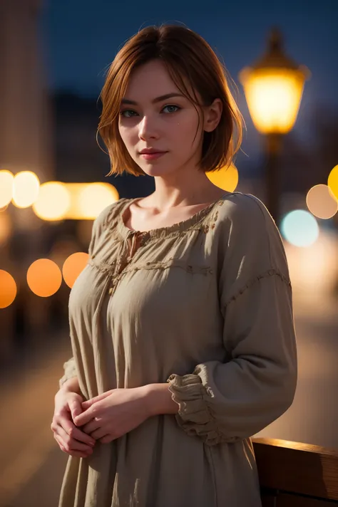 A beautiful introverted European woman wearing frumpy clothing, high detail face, high detail skin, medium  size breasts, 8k, HDR, high resolution, photo-realistic, cinematic lighting, depth of field, bokeh, rim lighting, backlit, cool colours, night