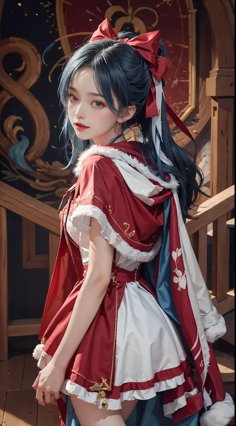 1 girl，hoody，fur cape，Blue hair，ssmile，Lolita costume，Extra-long hair，Red bow hair ornament，The content is very detailed,center frame,Focus sharp,城市，natta，Ski slopelizzarding，luring，8K，tmasterpiece，winning artwork，