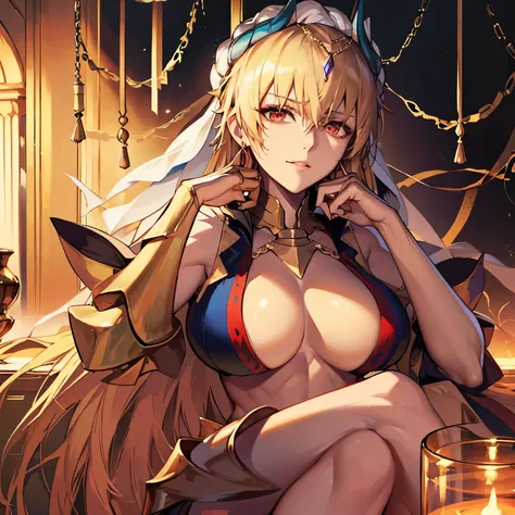 FGO drawing, Female Gilgamesh, Upper body and head, Looking up, Focus on the woman, Perfect woman, Solo woman, Long hair, Lightly twisting the hair next to the ear, Blonde, Beautiful face, Crazy, Perfect hands, Red black eyes ,details,extremely detailed,8K...