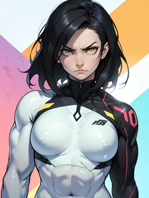 muscular girl thick breasts black hair yellow eyes pale skin best quality sad frown