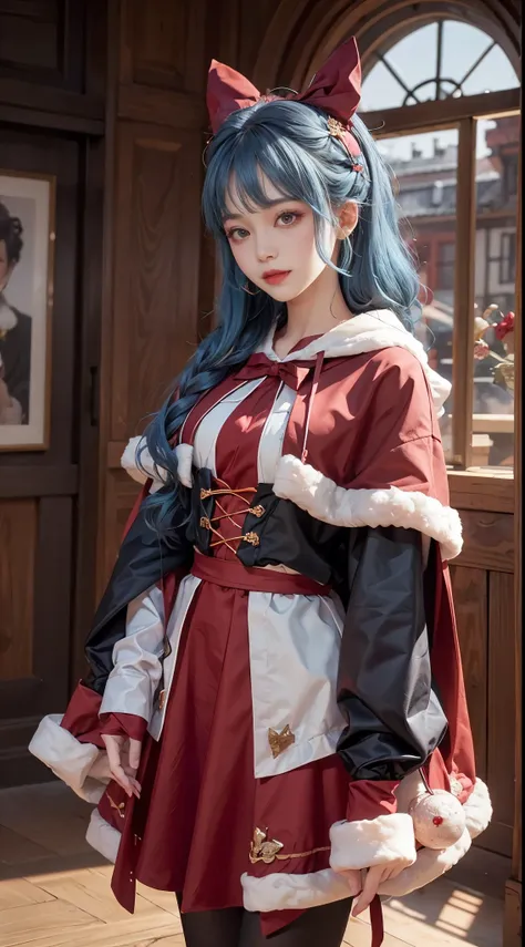 1 girl，hoody，fur cape，Blue hair，ssmile，Lolita costume，Extra-long hair，Red bow hair ornament，The content is very detailed,center frame,Focus sharp,城市，natta，Ski slopelizzarding，luring，8K，tmasterpiece，winning artwork，