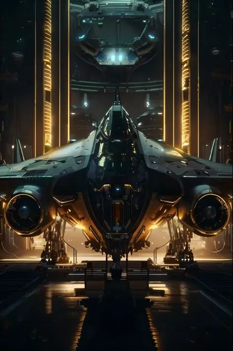 a close up of a fighter jet in a hangar with lights, an epic space ship scene, star citizen digital art, star citizen concept ar...