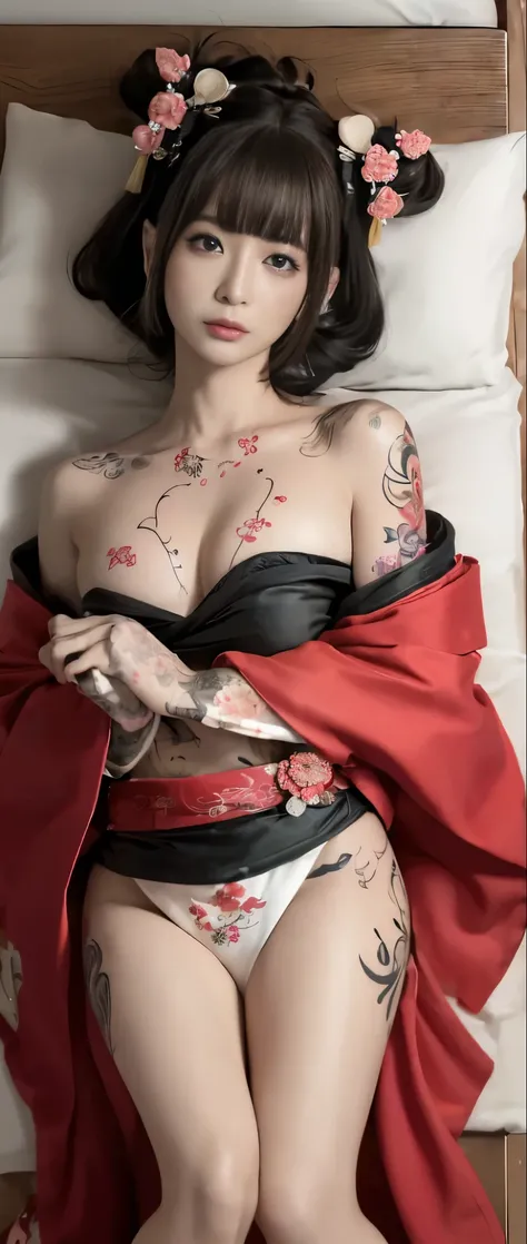 ((Best quality, 8K, tmasterpiece :1.3)), Focus sharp :1.2,  (( :1.8)), (((A beautiful geisha in kimono. of shoulders. Tattooed)), Go to bed. hug affectionately. Wrapped in a blanket ((Go to bed on the mattress)).  °Half body photo° Tattooed skin texture. T...