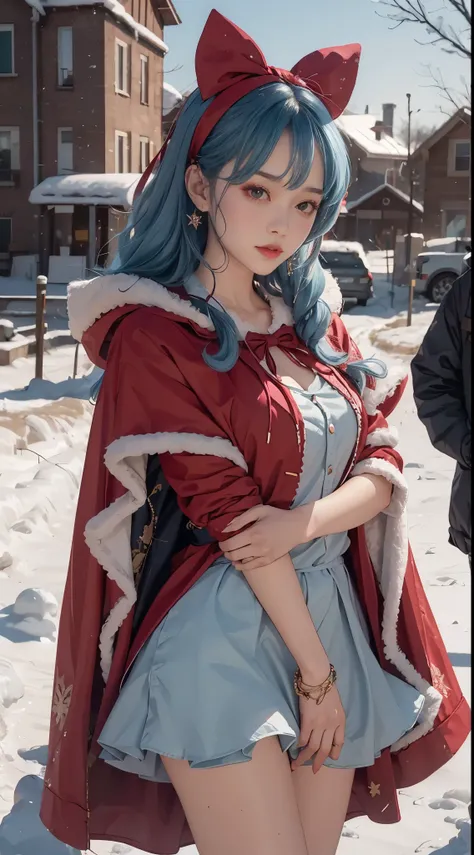 1 girl，hoody，fur cape，Blue hair，ssmile，Lolita costume，Extra-long hair，Red bow hair ornament，The content is very detailed,center frame,Focus sharp,城市，natta，snow field，Blizzarding，luring，8K，tmasterpiece，winning artwork，