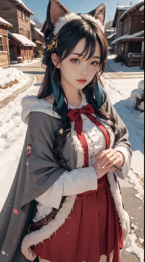 1 girl，hoody，fur cape，Blue hair，ssmile，Lolita costume，Extra-long hair，Red bow hair ornament，The content is very detailed,center frame,Focus sharp,城市，natta，snow field，Blizzarding，luring，8K，tmasterpiece，winning artwork，