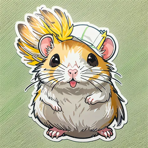 sticker. 2d} cute hamster,My name is Boiled Egg...................,yellow and white feathers, 1 x, 1 position, Maximum resolution HD 16K, White border around the work piece 1:2, black background.