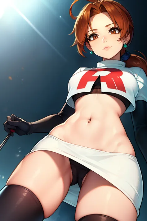 deliaketchum, brown hair, (brown eyes:1.7), parted bangs, (ahoge:1.5), ponytail, low ponytail,glossy lips, light makeup, eye shadow, earrings ,team rocket,team rocket uniform, red letter R, white skirt,white crop top,black thigh-high boots, black elbow glo...