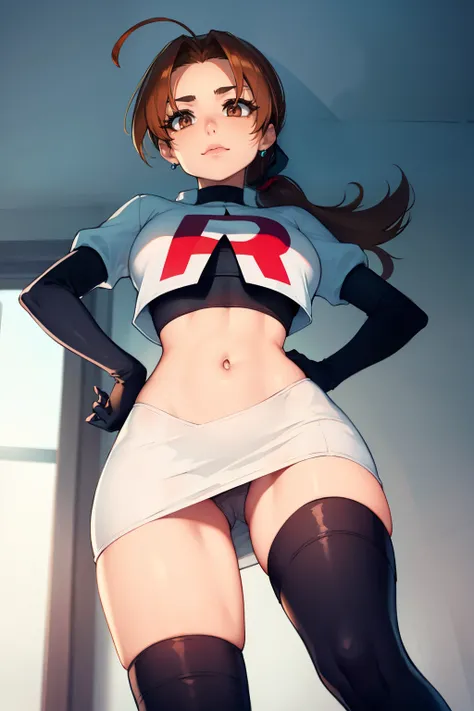 deliaketchum, brown hair, (brown eyes:1.7), parted bangs, (ahoge:1.5), ponytail, low ponytail,glossy lips, light makeup, eye shadow, earrings ,team rocket,team rocket uniform, red letter R, white skirt,white crop top,black thigh-high boots, black elbow glo...