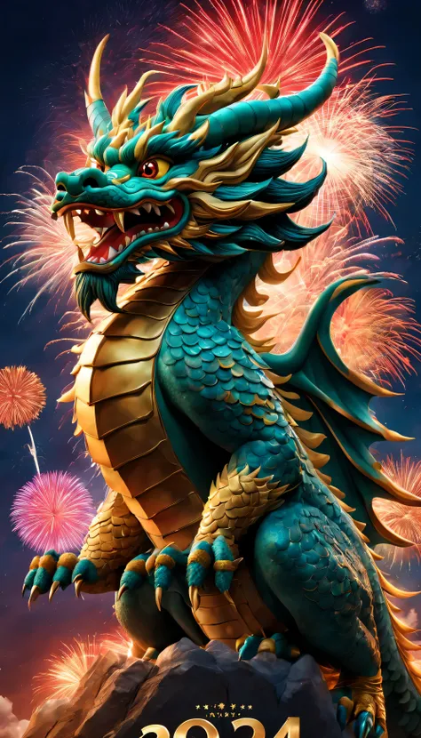 Holiday poster: (2024) new year, com mascot: chinesedragon,Background with: A grand fireworks display lights up the sky,(Best quality,4K,A high resolution,tmasterpiece:1.2),ultra - detailed,(actual,photoactual,photo-actual:1.37)