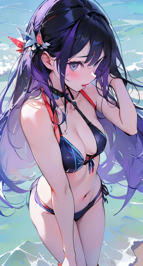 1 girl, long purple hair, blue eyes, wearing bikini, beach, high res, ultrasharp, 8k, masterpiece, high view