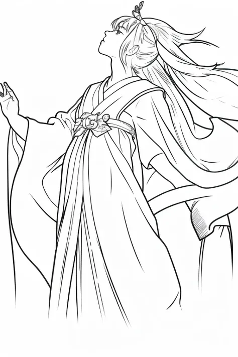 shrine maiden clothe　profile　illustratio　line-drawing　full bodyesbian　look up to　Look up　right hand raised