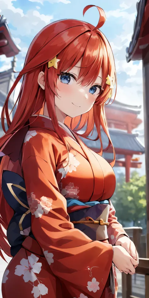 Satsuki Nakano, Itsuki Nakano, 2D, ​masterpiece, top-quality, animesque, ighly detailed, 1girl in, 独奏, Face Focus, Takeki Nakano, red hairs, length hair, Star hair ornament, Ahoge, (Red kimono:1.3), (White band:1.1), (Floral hair ornament), (Hairpin:1.2), ...