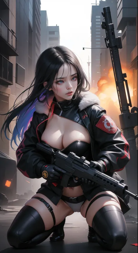 NSFW poster,dramatic scene,Cinematic scene,Takashi Murakami,Pop Culture Art,Manga,Female Nsfw Cyborg,Long jacket,sniper,erotic Posing,fantrome,,kawaii,Stylish,,busty, Pubic hair,Glamour,pop of color,Psychedelic Costume,Dynamic Angle,Cinematic scene,Armored...