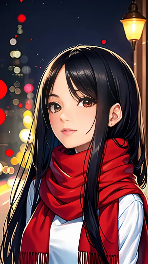 Best quality at best，A woman is，30 age old，Red scarf，s the perfect face，photore，longblackhair，Sweaters，largeeyelack eyes