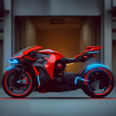 a close up of a red motorcycle with a blue light on it, futuristic motorcycle, cycle render, riding a futuristic motorcycle, 8 k highly detailed ❤🔥 🔥 💀 🤖 🚀, motorcycle, futuristic suzuki, akira motorcycle, extreme render, cycles 3 d render, very futuristic...