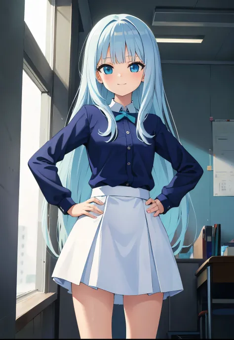 Winters.girl with.light Blue hair.long hair.student clothes.a junior high school student.short stature.a smile.Look at viewers.put hands on the hip