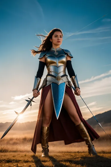 hyper ultra realistic photographs full body of With a flick of her wrist, she deflects a hail of arrows, her eyes narrowed in fierce concentration, the glint of the setting sun mirrored in the polished steel of her sword. ratio 16:9, 4k, 8k resolution, Hig...