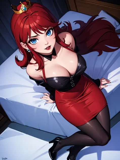 ((high detailed, best quality, 4k, masterpiece, hd:1.3)), (Hotel Bedroom), laying on bed, Princess Daisy, neon blue eyes, BREAK blue eyes, seductive, attractive, sexy smile, smiling, smooth anime cg art, 36C breasts, long legs, vivid colors, detailed digit...