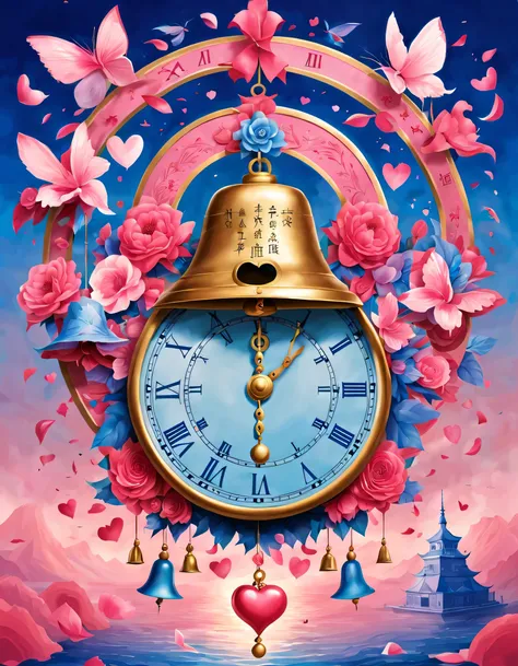 Mainly pink and blue，Represents memories and hopes。In the center of the poster，design a bell，Hour and minute hands point to 12 o&#39;clock&#39;bell&#39;bell，Represents the arrival of the New Year。Above and below the bell depict scenes from the past and the...