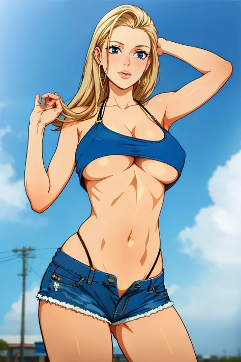 neocoill,  masterpiece, best quality, 1girl, solo, breasts, underboob, shorts, denim, earrings, blonde hair, jewelry, denim shorts, midriff, realistic, long hair, crop top, medium breasts, hoop earrings, short shorts, navel, lips, blue shorts