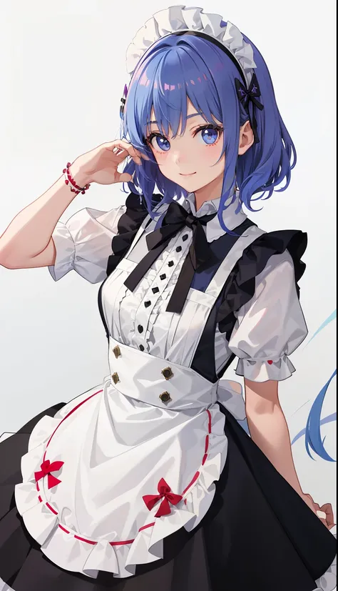 1girl in、A smile、The shirt、skirt by the、pinafore、hair adornments、Maid costume、（small tits）Chilarism、summer clothing、校服、Upper body portrait、