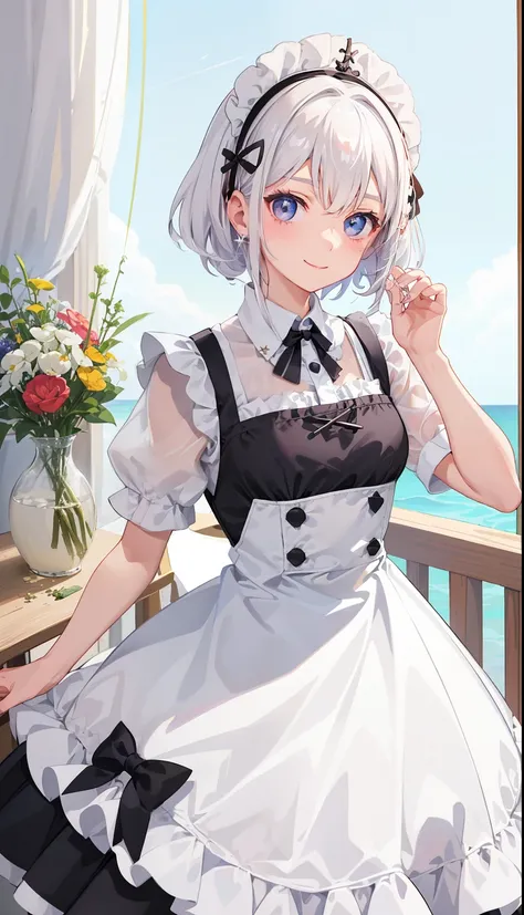 1girl in、A smile、The shirt、skirt by the、pinafore、hair adornments、Maid costume、White hair、（small tits）Chilarism、summer clothing、校服、Upper body portrait、