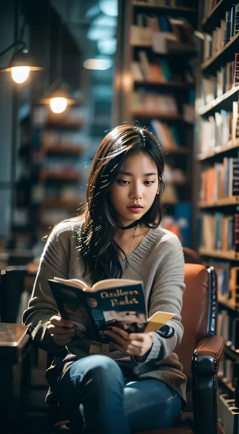 girl in library, reading book, cinematic lighting, low light, sit on the chair, potrait, blur background