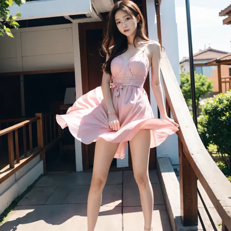 (top-quality、8K、32K、​masterpiece、nffsw:1.2) ,wearing a dress on the balcony, opened dress, waist high, photo of slim girl model, thin waist, 奈良美智, loli in dress, waist - shot, Young Pretty Gravure Idol, translucent  dress, sophisticated gravure idol, {{Wea...