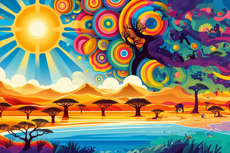 illustrates a landscape that fuses the colorful joy of a beach in (foreground at the bottom of the image, in an orizontal faixa) with an African savanna with its boabab trees and a radiant sun