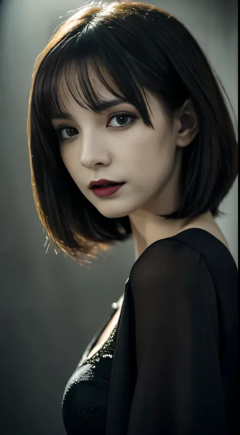 (High quality: 1.3), cinematic shot, masutepiece, (Sharp Focus: 1.5), (Photorealistic: 1.3), Medium portrait (Beautiful young vampire woman, pale skin, Gothic, Still proud and fierce, Straight Black Short Bob Hair, Dark look, Dressed in a highly detailed d...