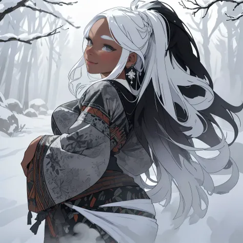 (best quality,4k,8k,highres,masterpiece:1.2),ultra-detailed,(realistic,photorealistic,photo-realistic:1.37),hot spring, snowy forest, tribal woman, long black and white hair, beautiful detailed eyes, beautiful detailed lips, extremely detailed eyes and fac...