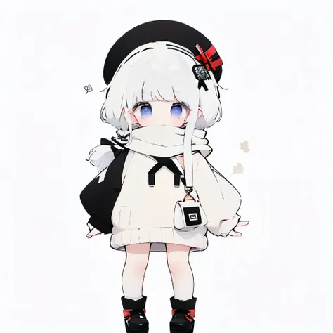 white  hair、viola、white knitwear、black beret、girl with、medium hair、full body,