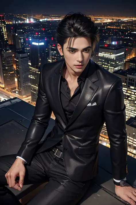 Best quality, masterpiece, ultra high res, (photorealistic:1.4), detailed face, detailed eyes, raw photo, young handsome male, black hair, full body, view from top, (night city background:1.2)