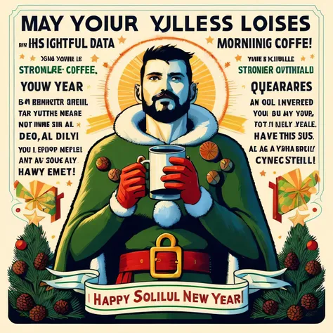 merry soluc new year poster with a bearded man holding a cup of coffee, full color digital illustration, lossless, hylics artwork, 2013, soulless, twas brillig, inspired by Xul Solar, 2 0 1 5, 2015, bottomless void, holy, by Xul Solar, 2 0 1 4