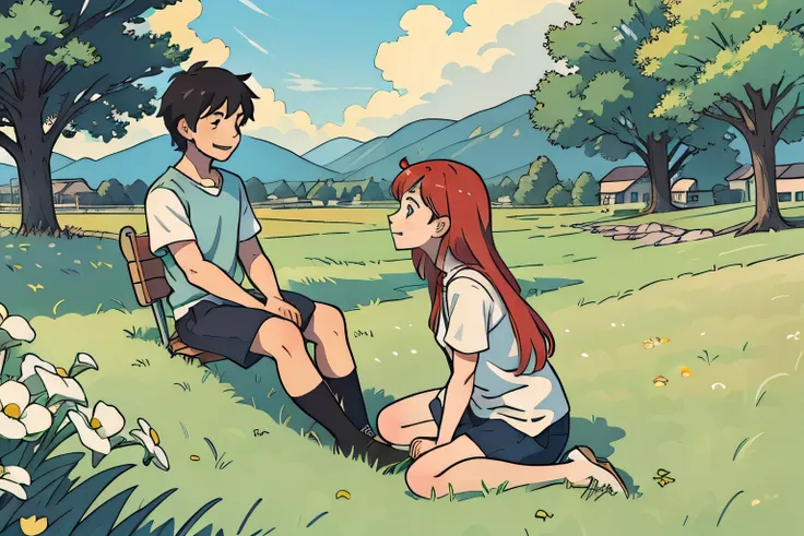 perfect anime Illustration of a couple sitting on grass, boy is sitting girl is looking at him, landscape,