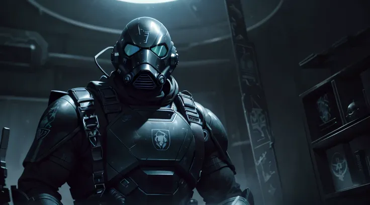 top-quality、Top image quality、​masterpiece、charicature((Combat Armor、black full face mask,Black spacesuit、gas masks、Hold an assault rifle、well-muscled、Green glowing body line、bulletproof vest)),hiquality、Beautiful Art、Background with((Inside the spacecraft...