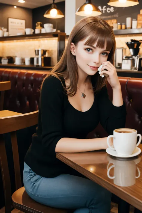 8k, Russian girl sitting in cafe drinking coffee