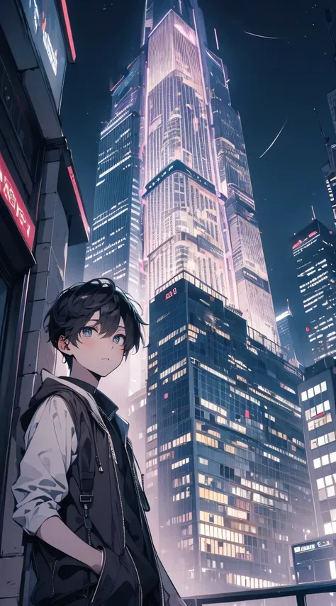 high high quality, Drawing volume, pixiv illustrations, 一个二十岁出头的有魅力的Young person, Wearing stylish medium-length hair，Wear modern clothes, leisure wear, Stand on the city streets at night. He looked up at a tall skyscraper, under various lights. Viewing ang...