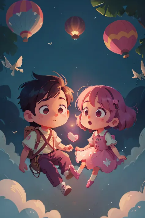 A cartoon couple flying in the sky in a pink hot air balloon, With ray tracing style, Romantic illustration, Understated heart pattern on sleeves, charming anime characters,Childrens book illustration, delicate shading,White and pink, 3d game art, animated...