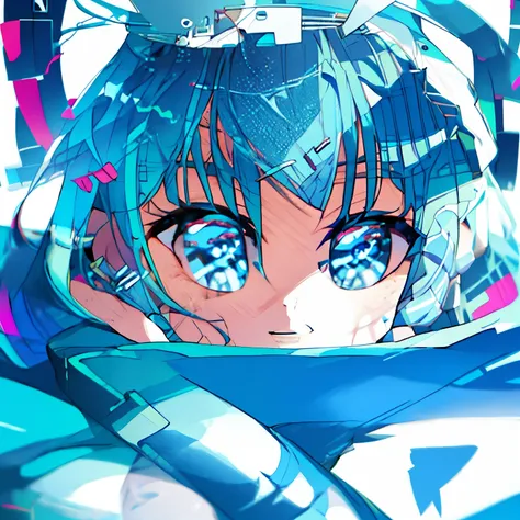 Girl, blue hair, blue eyes, waving at a high perspective