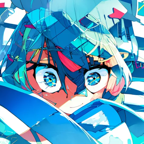 Girl, blue hair, blue eyes, waving at a high perspective