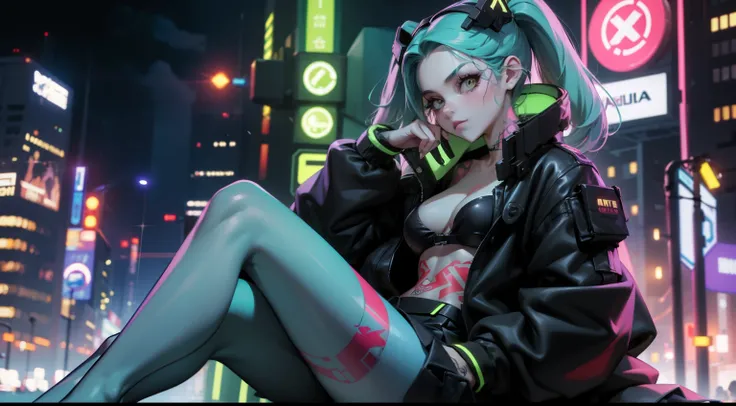 alta resolução, obra-prima, melhor qualidade, 1girl, rebecca (cyberpunk), militar, tattoo, sitting, roupa futurista, skirt, estilo cyberpunk neon, ao fundo cidade cyberpunk a noite, pele finamente detalhada, seios enormes, pernas muito musculosas