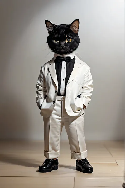 a cute little cat，Wearing a high-end black suit，Paired with a high-definition white shirt，Wearing black leather shoes on his feet，Stand in front of a black background，Strike a confident pose。Cute digital illustration art，tmasterpiece，Best quality at best， ...