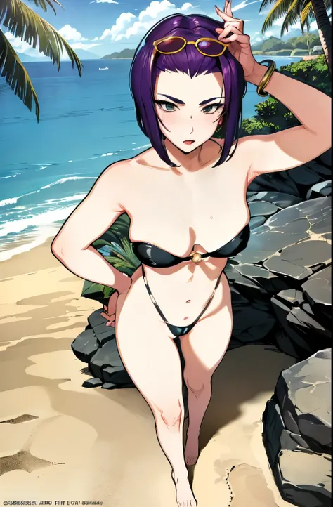 (masterpiece,best quality, detailed), 1girl, sexy, outdoors, beach, palm tree, horny, barefoot,
faye valentine, two-tone bikini, o-ring bikini, bracelet, eyewear on head, sunglasses, wariza, arm support, full body, standing, going to you