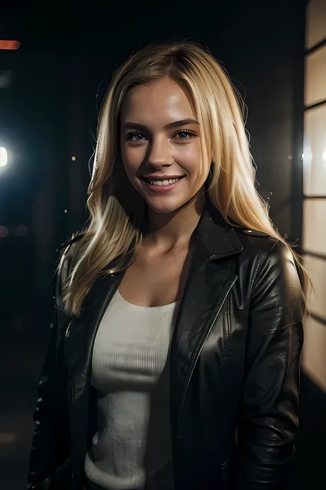 photorealistic, best quality, hyper detailed, female detective, blond hair, full body, dark background, cinematic, (cheerful, happy, smiling), looking at viewer, perfect lighting on face, ultra high res, cinematic light, cinematic scene, soft light, best s...