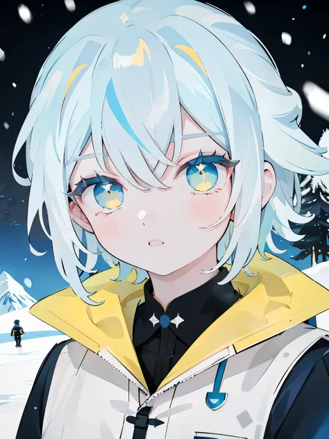 Best Quality、masutepiece、Ultra-detailed、face perfect、Extremely detailed、Extremely delicate、1 boy, (cute little), Angel, lightblue hair、half up、place々Blue Mesh、blue and yellow gradient eyes、Noble attire、Black coat、Gray collared shirt、Black pants、snow mounta...