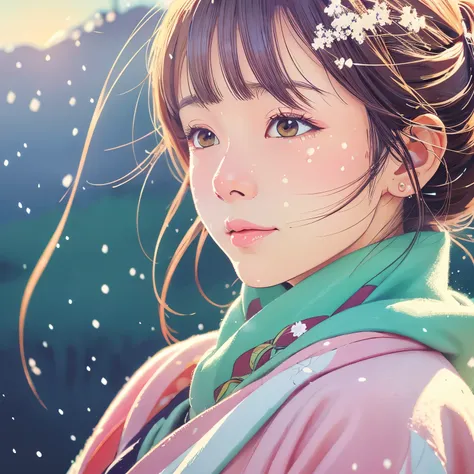 Illustration style, ukiyoe, Showa Anime, Woman, Snow, (Sensitive), the morning sun, a mountain in the back, (Tears), best quality, ultra-detailed, realistic:1.37, portraits, vibrant colors, soft pastel tones, natural lighting.