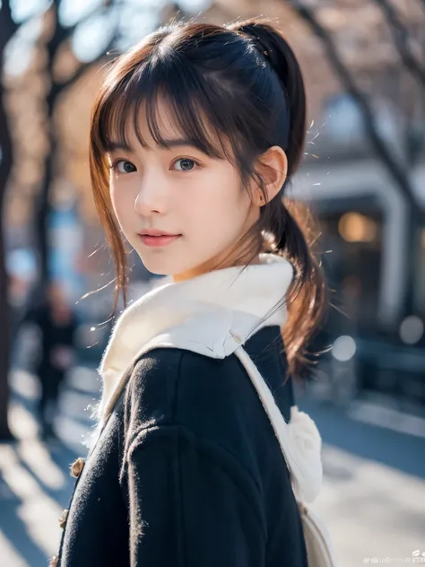 Photorealsitic, 8k full-length portraits, Beautuful Women, A charming expression, Clear department, poneyTail, sixteen years old, TOKYOcty, Winters, Shibuya in the background